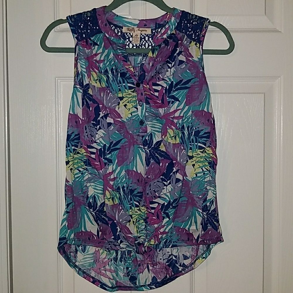 Inspire floral tropical button down knot top Sz PS